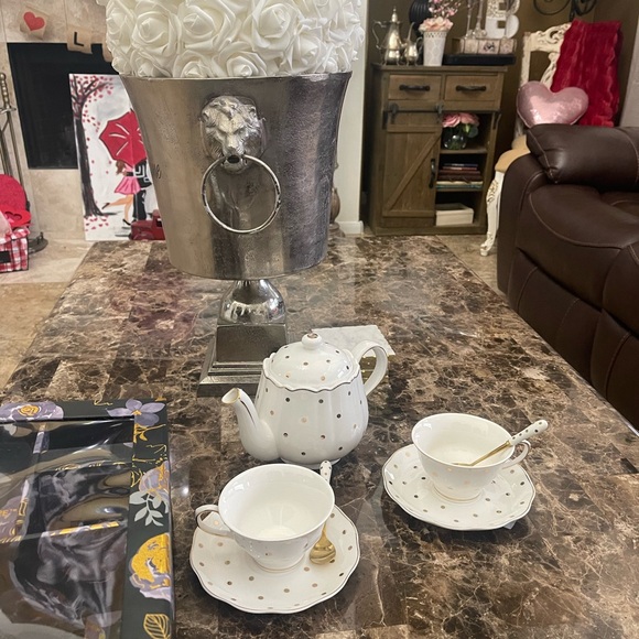 7pc white & gold polkadot Teapot, spoons, Cup & Saucer boxed by Grace teaware - Picture 8 of 16